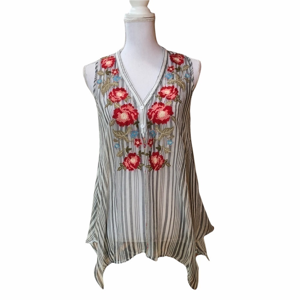 ANDREE BY UNIT - WOMENS STRIPED EMBROIDERED BLOUSE